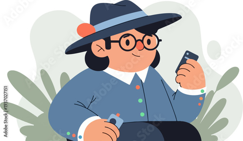 Character in hat with glasses looking at phone, surrounded by abstract shapes