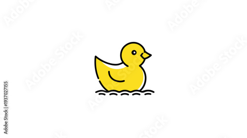 A cartoon-style illustration of a yellow duckling afloat on water against a white background