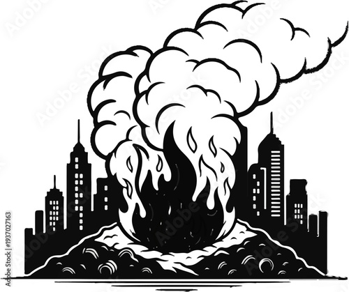 City skyline engulfed in a massive inferno with thick smoke billowing skyward