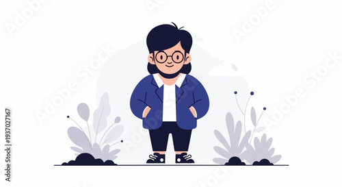 A stylized person with glasses and a blue blazer stands confidently