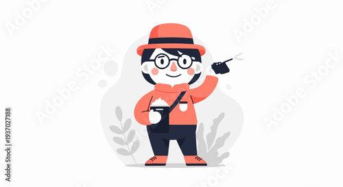 A cheerful character in a coral outfit holds a drink and a small device