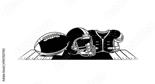 A football, helmet, and pads rest on a field