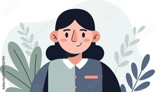 Flat illustration of a woman with dark hair, rosy cheeks, and a blue and green outfit