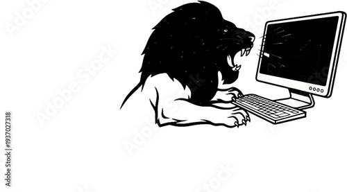 Ferocious black lion fiercely attacks computer screen with paws and teeth