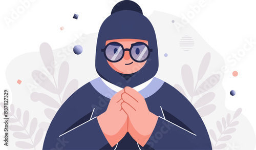 Flat illustrated person with glasses, dark robe, clasped hands, and subtle background flora