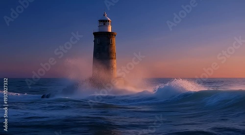 Isolated lighthouse standing in the ocean under dramatic sunset with crashing waves