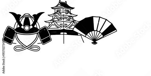 Japanese warrior helmet, castle, and fan