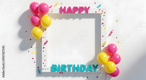 Happy birthday celebration frame with balloons and confetti decorations