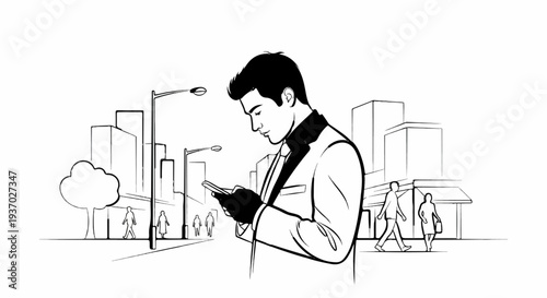 Man in suit using phone on city street with buildings and pedestrians