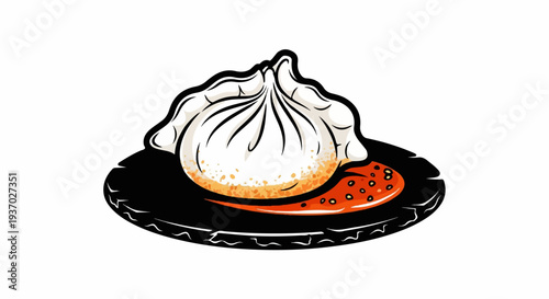 Illustration of a delicious dumpling served with spicy sauce on a plate