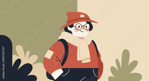 A stylized person in a hat, scarf, and backpack stands against a neutral background with abstract plant shapes