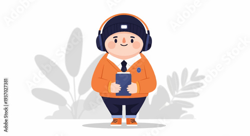A plump character wearing headphones and a beanie, holding a tablet