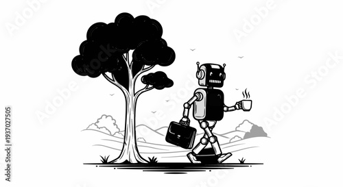 Robot with briefcase and coffee walks past a tree in a hilly landscape