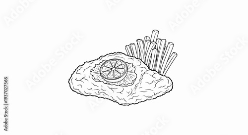 Simple line drawing of battered fish and chips with lemon slice