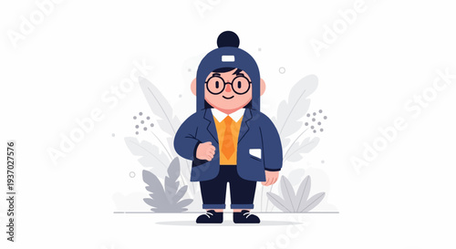 A charming cartoon character wears a blue jacket, orange tie, and a beanie