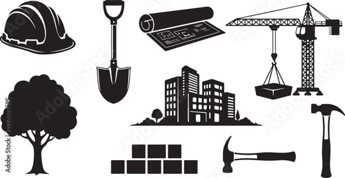 Construction site icons and tools for building projects