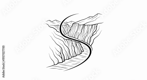 Stylized drawing of a winding river flowing through a deep canyon with mountains