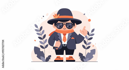 Cartoon figure in hat, suit, and scarf points finger