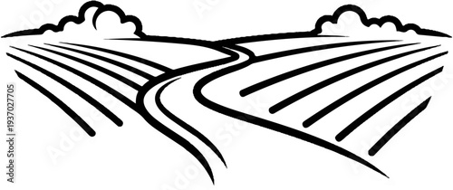 Stylized depiction of cultivated fields and a winding path under clouds