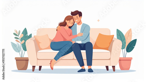 Romantic couple in cozy embrace flat vector illustration