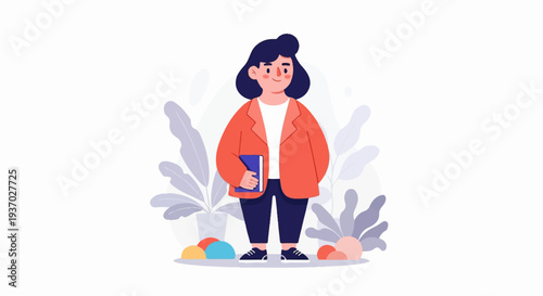 Cartoon woman in coral jacket holding a book, amidst abstract plants and colorful spheres