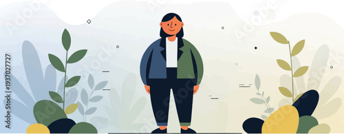 A stylized figure in a suit stands amidst abstract foliage and soft color gradients