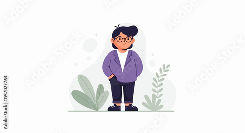 Cheerful character in glasses and a purple jacket with plants