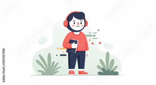 Cheerful cartoon character with headphones holding a book, with abstract shapes and plants