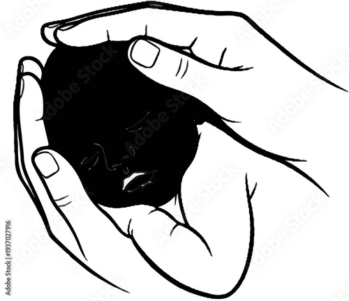 Two hands cradling a dark, stylized baby's face