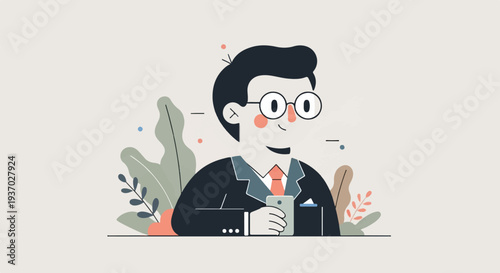 Animated businessman in suit and glasses holds phone surrounded by abstract plants
