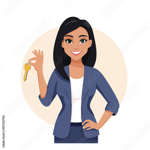 Woman holding key smiling portrait cartoon illustration