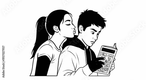 Young girl gives a kiss to boy focused on reading comic book
