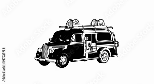 Vintage emergency response vehicle with hoses and coiled ladders on roof