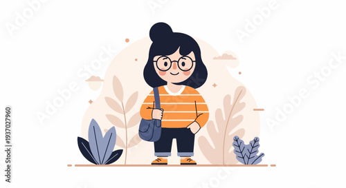Stylized illustration of a young person with dark hair, glasses, and an orange striped shirt, holding a bag