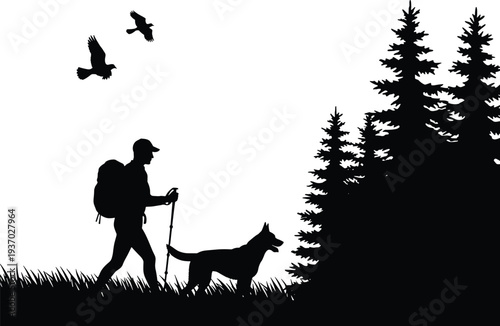Hiking adventure silhouette with dog, forest pine trees, backpack traveler, outdoor nature exploration, wilderness trekking scene, birds flying overhead, companionship journey illustration