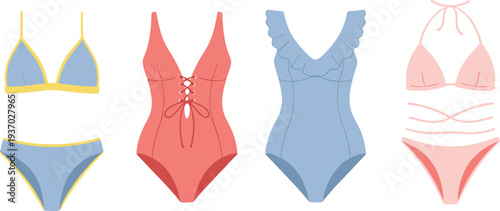 Women Swimwear Collection with Bikini and One Piece Swimsuits Summer Beach Fashion Vector Illustration Set