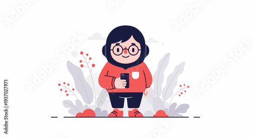 A cartoon character with headphones and glasses holds a phone, surrounded by plants