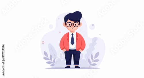 A stylized cartoon man in a red jacket, white shirt, and tie