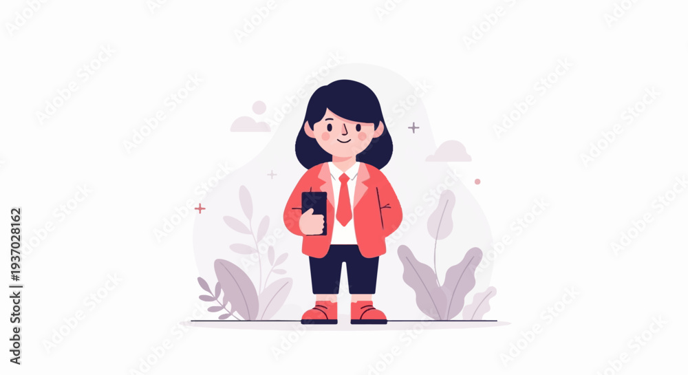 Fototapeta premium A stylized person in professional attire holds a dark rectangular object, surrounded by soft, abstract plant shapes and a minimal background