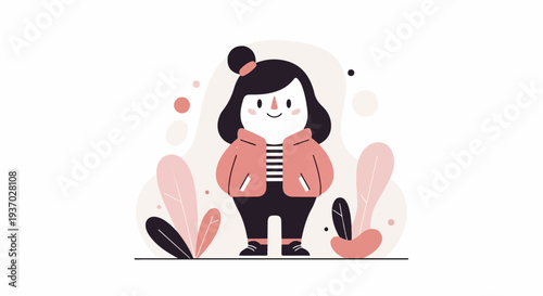 A cute cartoon character in a coral jacket and striped shirt, standing amidst abstract shapes and plant-like elements