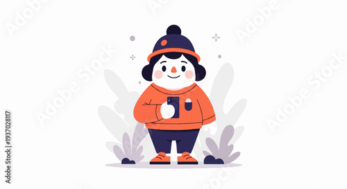 Cute character in orange sweater and blue hat holds smartphone