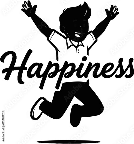 Silhouette of a joyful child jumping with arms raised, over the word "Happiness