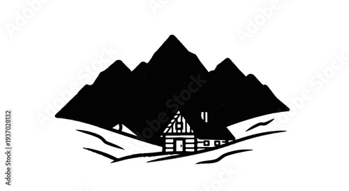 Rustic mountain cabin nestled beneath dark, imposing peaks under a starry sky