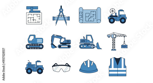 A collection of vector icons featuring various tools, vehicles, and safety equipment commonly used in construction and engineering.