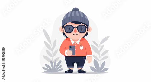 Young person wearing a beanie and glasses, holding a smartphone, with decorative plants