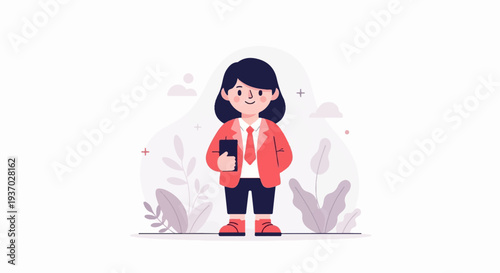 A stylized person in professional attire holds a dark rectangular object, surrounded by soft, abstract plant shapes and a minimal background