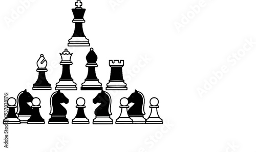 A pyramid of black and white chess pieces on a white background