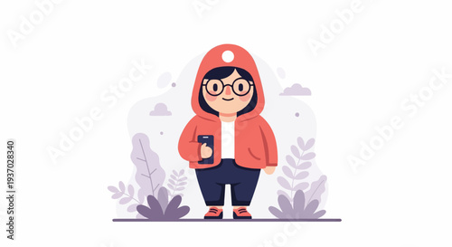 A stylized cartoon character wearing a red hooded jacket and holding a smartphone