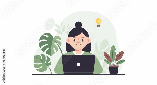 A person with a bun hairstyle working on a laptop, with plants and a lightbulb