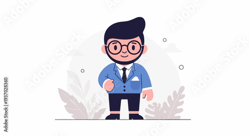 Stylized cartoon man in a suit and tie, standing against a pale background with abstract shapes and leaves